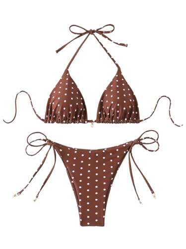 Image of SOLY HUX Women's Polka Dots Print Bathing Suit Halter Triangle Tie Side Bikini Sets Two Piece Swimsuit