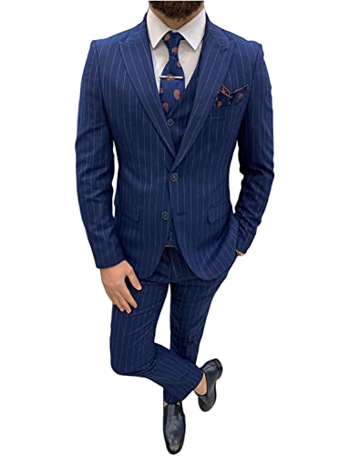 Costume 3 pièces homme mariage veste de smoking pantalon gilet à rayures chic bleu noir