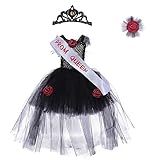 Halloween Zombie Bride Tutu Dress with Crown,Black Prom Queen Costume Princess Outfit for Birthday Party (Medium)