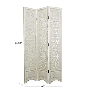Deco 79 Wood Floral Hinged Foldable Partition 3 Panel Room Divider Screen with Intricately Carved Designs, 45" x 1" x 75", White Deco 79 Wood Floral Hinged Foldable Partition 3 Panel Room Divider Screen with Intricately Carved Designs 45 x 1 x 75 White
