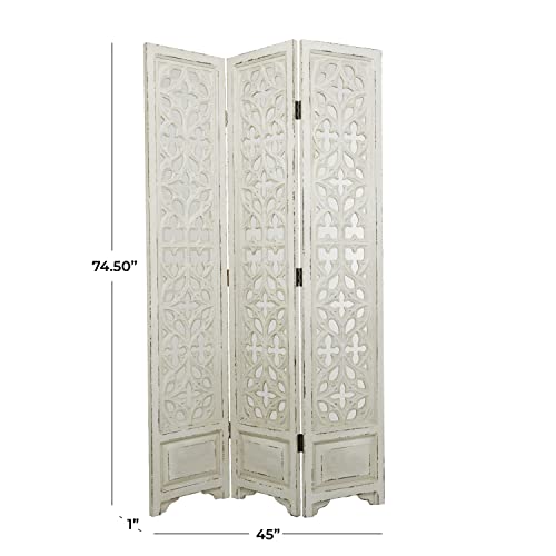 Deco-79-Wood-Floral-Hinged-Foldable-Partition-3-Panel-Room-Divider-Screen-with-Intricately-Carved-Designs-45-x-1-x-75-White Deco 79 Wood Floral Hinged Foldable Partition 3 Panel Room Divider Screen with Intricately Carved Designs 45 x 1 x 75 White
