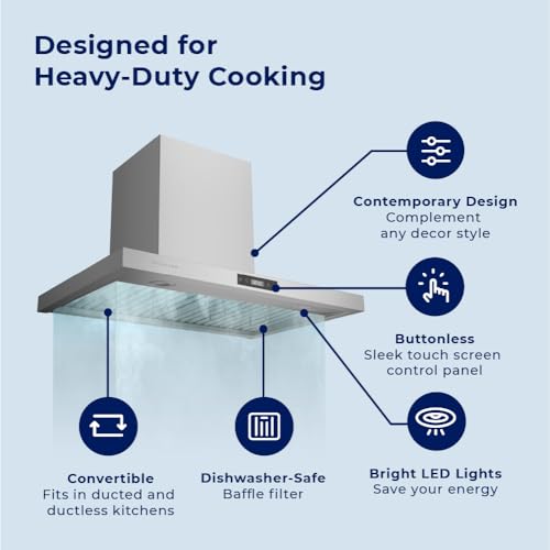 Image of Hauslane 30 inch Wall Mount Range Hood Low Noise Performance Contemporary Design, Full-Size Handle Professional-Grade Baffle Filters, LED Lamps, Stainless Steel Chef Series WM-540 Ducted or Ductless