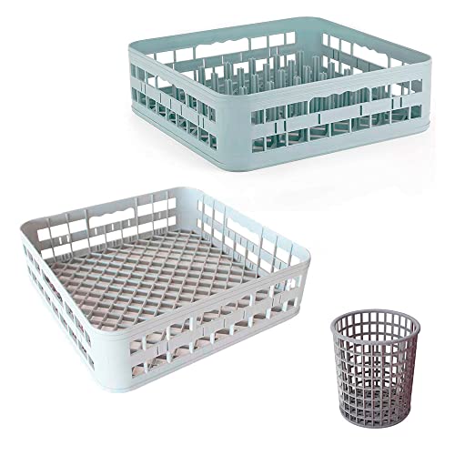Set de 2 Cestas de lavado 40x40x12 cms + 1 cubilete para cubiertos. Ideal para lavavajillas y lavavasos industriales.