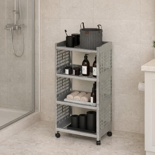 Plastic Multipurpose Trolley Rack with Wheels – Kitchen, Bathroom, Office, Salon & Hospital Organizer for Bottles, Jars, Books, Cosmetics & Household Items (4 Layer, Silver)