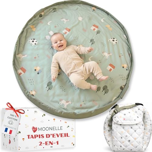 Tapis Eveil Bebe Nomade 2-en-1 – Tapis de Jeu XL 130 cm Sac de Rangement Jouets – Tapis Bebe Pliable Voyage Transportable – Coton Épais Lavable –...