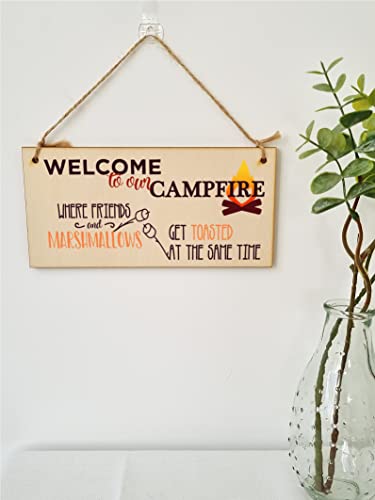 The Plum Penguin Handmade Wooden Hanging Wall Plaque Welcome to our Campfire Friends Roasted Funny Camping Tent Adventure Sign - Image 2