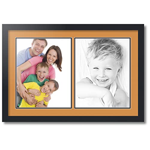 ArtToFrames Collage Photo Frame Double Mat with 2-11x14 inch Openings with Black Frame and Amber Top Mat