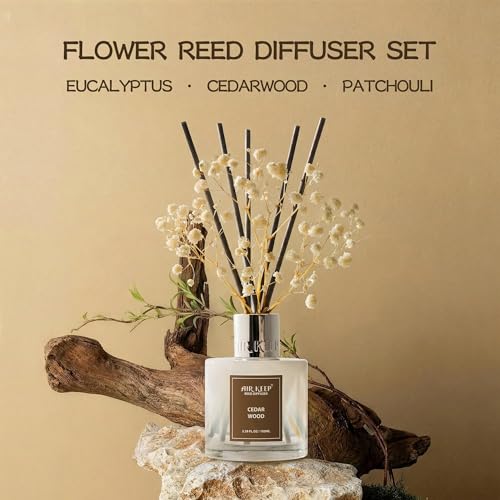 Image of Airkeep Reed Diffuser Set,3.38 fl oz (100 ml) - Cedar Wood Oil Diffusers with 8 Reed Sticks, Home Fragrance Reed Diffuser for Bathroom Shelf Decor