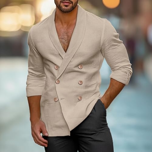Men's Casual Double Breasted Blazer Lightweight Long Sleeve V Neck Jacket Business Slim Fit Office Wear2