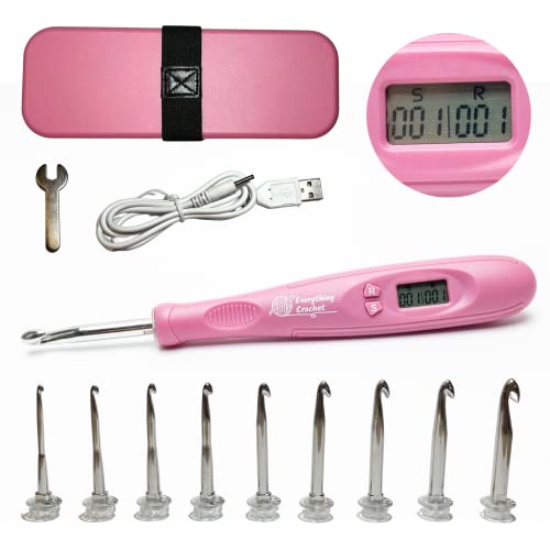 Everything Crochet Counting Crochet Set Digital â€“ Original Ergonomic Crochet Hook Set with Digital Counter to Track Rows and Stitches â€“ Counting Crochet Kit with 9 Interchangeable Crochet Hooks