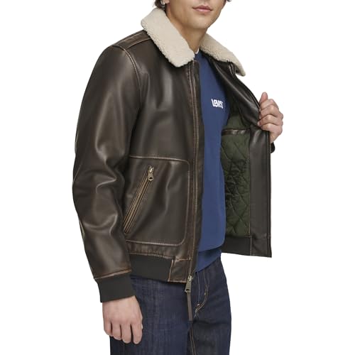 Image of Levi's Men's Faux Leather Aviator Bomber Jacket With Sherpa Collar