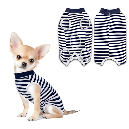 PawSailor Gestreifter OP-body Hunde Hündin Rüde Kastration Hundebody Nach Op Weiche Baumwolle OP-Weste Hunde Medizinisches Hemd Anti-Lecken Knopfverschluss Wundschutz Kegel-Alternativen Marineblau XS