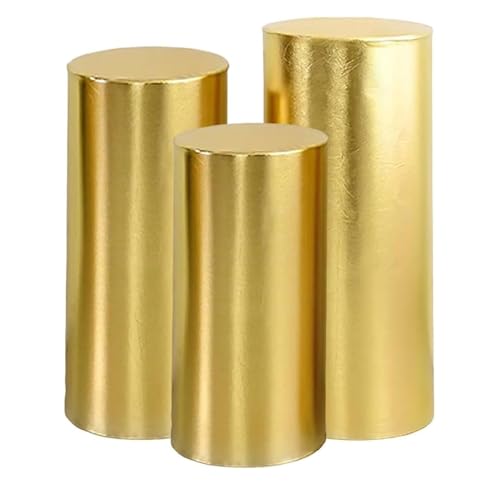 DCYEQRQ White Cylinder Pedestal Stand for Party Set of 3 Round Display Pillars Elastic Polyester Cover in Gold Color Perfect for Dessert Table Display (Gold)