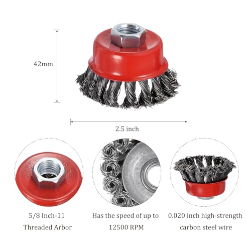 Image of 2 Pcs Twisted Knotted Wire Cup Brush for Angle Grinder - [2.5 Inch] for Paint Stripping Cleaning Rust Duty Abrasive, 5 /8 Inch-11 Threaded Arbor, .020 Carbon Steel Wire, Red