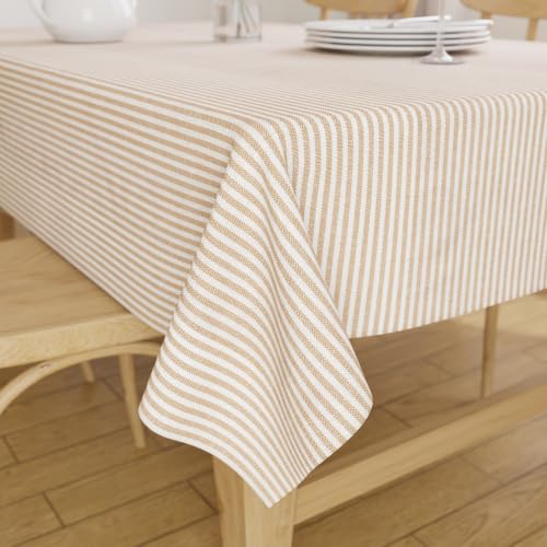 Image of Encasa XO Cotton Rectangular Table Cloth for 6 to 8 Seater | (145x240 cm) | Ticking Beige | Dining Tablecloth for Decoration