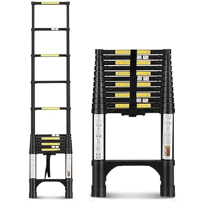 Dajianglx 12.5FT Telescoping Aluminum Extension Ladder with 2 Triangle Stabilizers, 330lbs Capacity, Multi-Purpose Collapsible for Home, Outdoor Work, Black