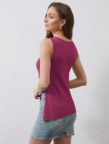 Image of Women Asymmetrical Button Sweater Vest Sleeveless Side Split Rib Knit Slim Fit Sweater Tank Top Summer Pullover Top