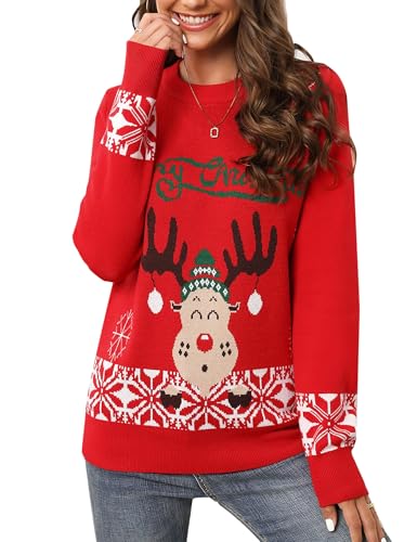 Clearlove Weihnachten Pullover Damen Weihnachtspullover Christmas Rentiermuster Strickpullover Christmas Sweater Alphabet Elch XL