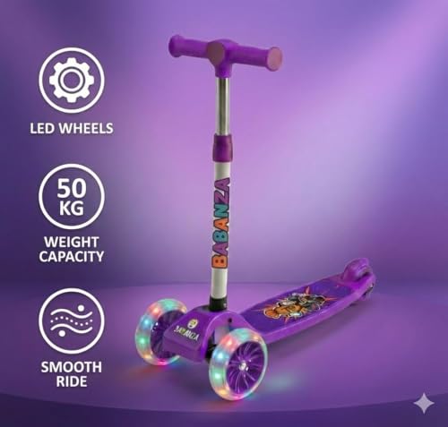Image of Pixi Turbo Kick Scooter 24mm Wheels | Skate Cycle for Kids with LED Flashing Wheels | Adjustable Height | Foldable | Age 3 to 10 Years | PU Wheels | Max User Weight 50 kgs | Color - Purple