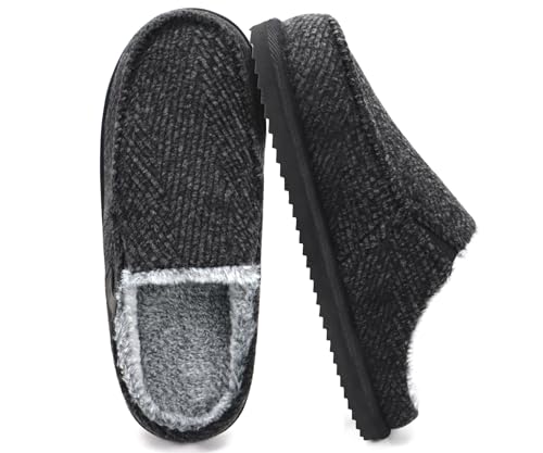 Image of ONCAI Mens Slippers 2025,Warm Comfort Memory Foam Cotton-Blend Corduroy Faux Fur House Shoes for Man Indoor/Outdoor with Non-slip Rubber Soles Stripes Black US Size 11