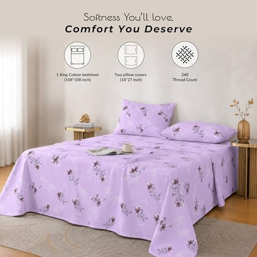 Image of Cotton King Size Bedsheet 104x108 Super King, 100% Pure Cotton Bed Sheet with 2 Pillow Covers, 240 TC Soft Breathable Floral Design Bedding - (Velvet Bloom, Super King)