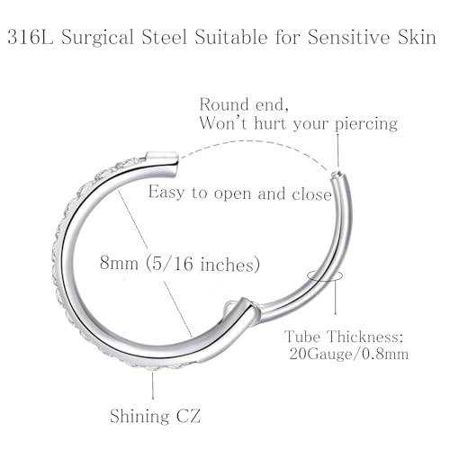 ORANGELOVE 20G 18G 16G Clear CZ Nose Ring Hoop 316L Surgical Steel Seamless Silver Septum Ring Clicker Jewelry Cartilage Earring Ear Piercing Hoop Earrings for Women Men Helix Rook Lobe Conch Tragus Daith Lip Hinged Piercing Jewelry with Cubic Zirconia2