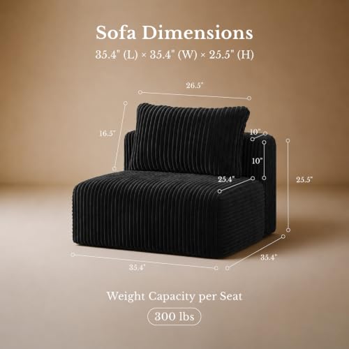 Image of Maywish Single Modular Sofa, Corduroy Boneless Couch, Square, Black
