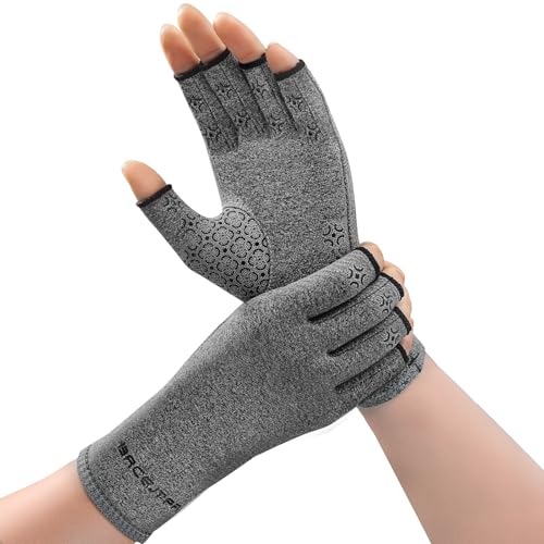 BRCEJTPA Bamboo Arthritis Gloves for Women Men - 90% Cotton Mild Compression Gloves for Pain Carpal Tunnel Swelling - Fingerless Hand Support with Anti-Slip Grip for Crocheting Typing. Grey M