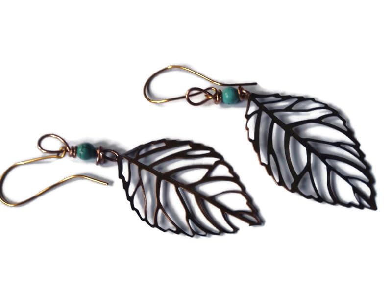 Miniatura 4 de Copper and Turquoise Leaf Earrings for Her