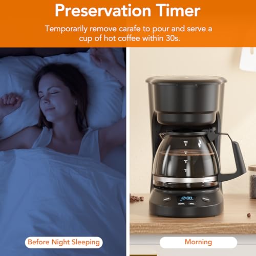 Image of Electactic Compact 5-Cup Programmable Drip Coffee Maker - the essential coffee machine with Digital Clock, 24-hour Timer, Auto Shut-Off, and a Removable Filter Basket for Home & Office.