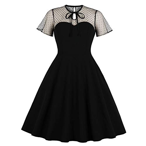 KILLREAL Women's Elegant Short Sleeve Round Neck Patchwork Lace A-Line Tea Length Evening Party Bridesmaid Dress Black XX-Large