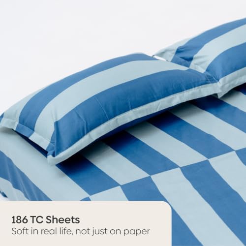 Image of Haus & Kinder Double Bed Bedsheet 90 x 100 | 186 TC Pure Cotton Bed Sheet Double Bed with 2 Pillow Covers | Queen Size Bed Sheet | Asagi Stripe Traditional Blue-Green