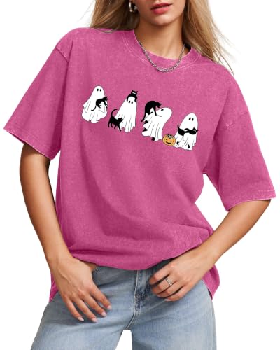 Aiyino Womens Halloween Ghost Cat Vintage Washed Graphic Tee Pink L - image 1