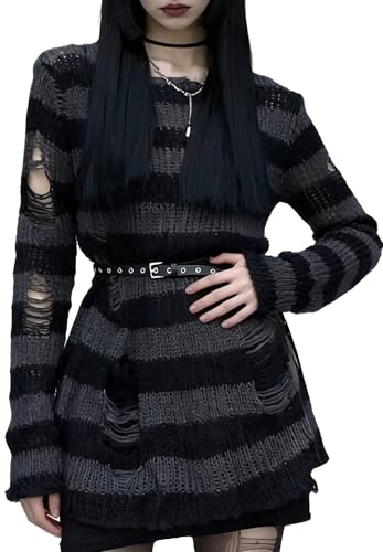 Image of Goth Y2K Striped Sweater Grunge Ripped Punk Gothic Sweaters for Women