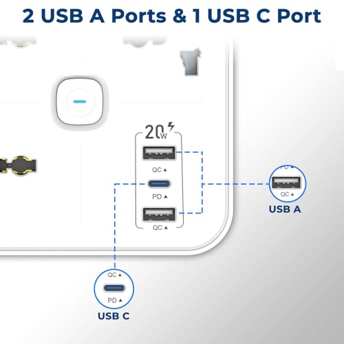 Image of Embox Extension Board 2 Meter Cable | USB Ports 2 QC1 PD (20W) and 3 Universal Sockets | Extension Cord with Overload Protector | 2500W Extension Board with Switches Safety Shutter LED Indicator
