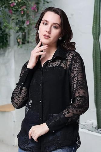 Image of POPWINGS Casual Net Laces Brasso Design Transparent Shirt for Women || Stylish Western Net Shirt for Women || Women Shirt for Summer || Full Sleeves Shirt for Women