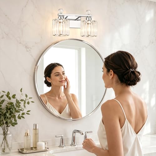Image of Lxybcce Modern Crystal Bathroom Vanity Light, 14In 2-Lights Bathroom Light Fixtures, Chrome Vanity Light Fixtures Over Mirror, Easy Installation & Shadow-Free Illumination for Bathroom Mirror Decor
