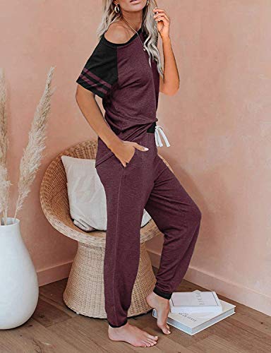 Image of PRETTYGARDEN Women's Two Piece Outfits Striped Short Sleeve Pullover and Long Pants Tracksuit Pajama Lounge Jogger Sets