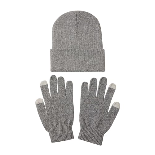 Winter Beanie Hat Gloves Set, Solid Color Soft Knitted Hat Warm Skull Cap Touchscreen Gloves 2 in 1 Set Unisex