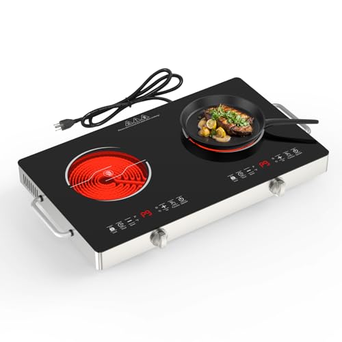 GIHETKUT Electric Cooktop,110V 2400W Stove top, Countertop Cooktop with 9 Power Levels, Child Safety Lock, Timer,Knob and Touch Control 2 burner Electric cooktop LED Display
