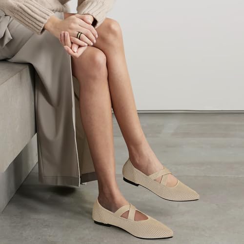 Image of TINGRISE Womens Mary Jane Flats Knit Ballet Flats for Women Pointed Toe Dressy Comfortable Slip-On Flats Shoes for Work Casual