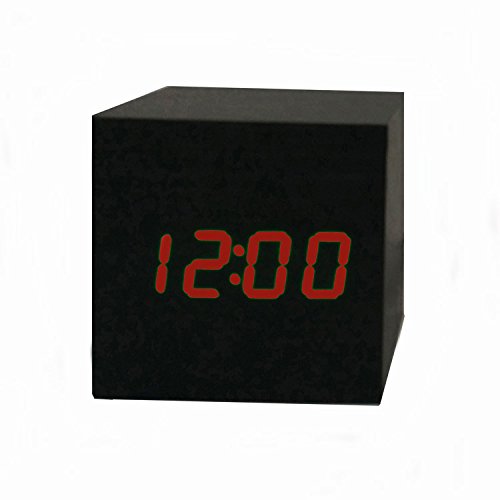 VST Modern Wooden Cube Design Digital LED Desk Alarm Clock Voice Control Thermometer Timer Calendar Black case red