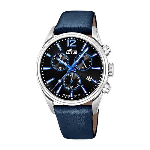 LOTUS Montre Homme Analogique Cuir Bleu - Quartz - Chronographe - Calendrier - Verre Minéral Résistant - Étanche 10 ATM Casual 18691/6 Chrono
