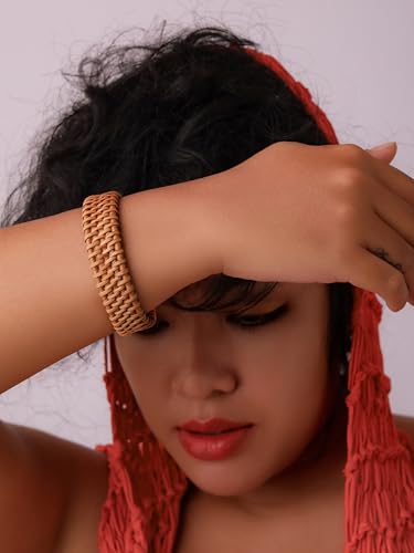 MINACHI Rattan Bracelet for Women, Handmade Lightweight Straw Wicker Braid Cuff Bangle, Adjustable Bohemian Woven Chunky Wrist Jewelry2