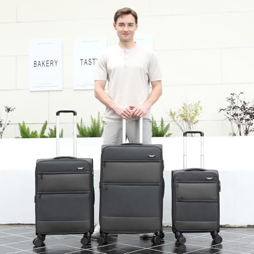 Image of Kono Medium Checked Luggage Softshell Suitcase with Spinner Wheels, 24in | Expandable Lightweight Rolling Travel Suitcase with TSA Lock, Spinner Wheels, Durable Zipper, Black