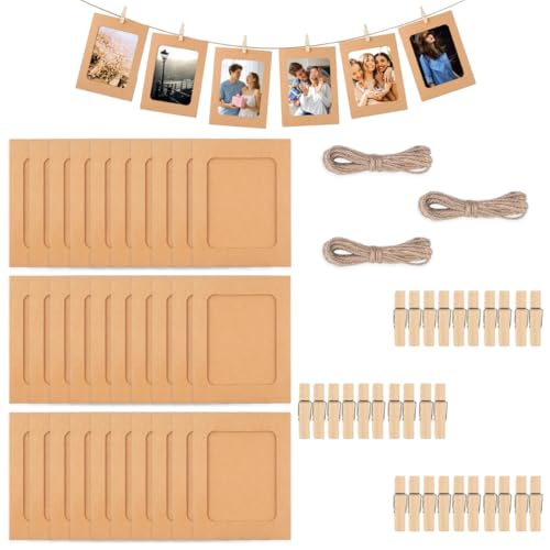 30 peças moldura para fotos de papel Kraft, 15,5 x 11,5 cm moldura de fotos de papel de bricolage com clipes de madeira e corda de cânhamo, moldura para pendurar na parede, grinalda de fotos para