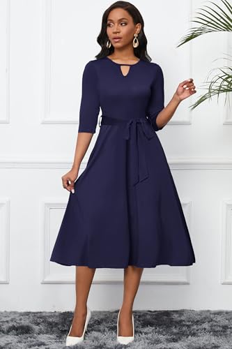 Image of CLOCOR Midi Dresses for Women Casual A-Line Fit and Flare Dress Crewneck 3 /4 Sleeve Keyhole Cocktail Party Church Dress