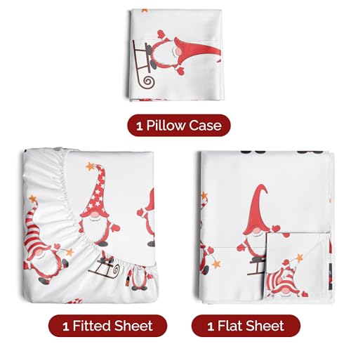 Twin Christmas Holiday Gnomes Red Sheet Set - Holiday Xmas Pattern Bedding Set - Deep Pockets - Snug Fit - 3 Piece - Wrinkle Free - Comfy Festive Winter - Holiday Sheets for Women, Men, Kids & Teens