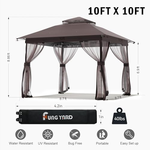 Outdoor Pop Up Gazebo 10x10 - Instant Canopy Tent with Mosquito Nettings, Double Roof Vented Gazebos Tents Shelter for Backyard Shade Party Garden Lawns (Brown, 10X10)