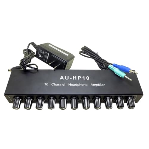Bloepum AU-HP10 10 Channel Headphone Headset Amplifier Audio Splitter DC 12-24V 20Hz-20KHz 12DB 16-600ohm 3.5mm Jack US Plug